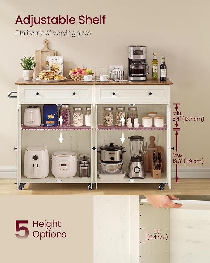 VASAGLE Mobile Kitchen Island, Portable Island on Wheels, Mobile Cart with Storage Cabinet for Dinning Room, 15.8 x 53.7 x 35.1 Inches, Rustic White and Honey Brown UKKI016WJ01S