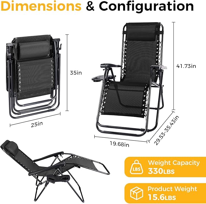 NEWBULIG Zero Gravity Chairs Set of 2, Folding Lounge Chair, Matte Black | Portable Lawn Camping Recliner with Adjustable Pollow, Mesh Back, Cup Holder Trays for Pool Beach Patio
