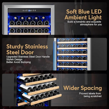 24" 173-Bottle Freestanding Wine Cooler, Low Noise with Sliding Shelves | Tall design, Compressor fast cooling, Low noise, Reversible door, Digital temp display, Black finish, Home or commercial use