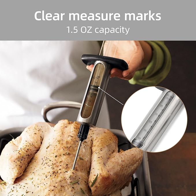 Kitchen Meat Injector, Leak-Proof Stainless Steel Flavor Marinade Syringe with 2 Different Needles and 1.5-oz Measurement Window,Perfect for Smoking, Frying, and Brining Meat for Deep Seasoning(MI-06)