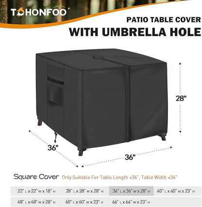 Square Patio Table Cover with Umbrella Hole - 36" L x 36" W x 28" H (Cover Size，NOT Table Size) Heavy Duty Waterproof 600D Oxford Fabric Outdoor Lawn Patio Furniture Covers