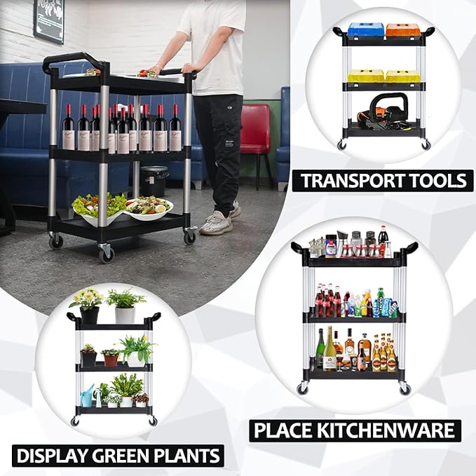 Plastic Utility Carts with Wheels, Heavy Duty 510lbs Capacity Rolling Service Cart, 3-Tier Restaurant Food Cart with Hammer for Office, Warehouse, Garage (2 Lockable Wheels, Black)
