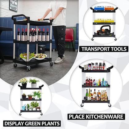 Plastic Utility Carts with Wheels, Heavy Duty 510lbs Capacity Rolling Service Cart, 3-Tier Restaurant Food Cart with Hammer for Office, Warehouse, Garage (2 Lockable Wheels, Black)