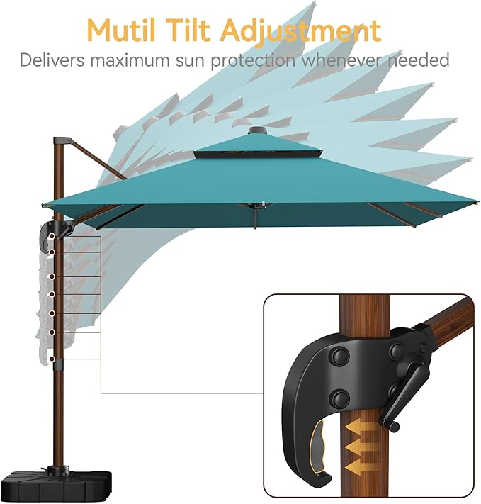 10x13 FT Wood Pattern Patio Umbrella with Base, Large Deluxe Cantilever Rectangular Double Top Heavy Duty Offset Umbrellas with 360° Rotation, Outdoor shade for Garden Pool Patio, Turquoise