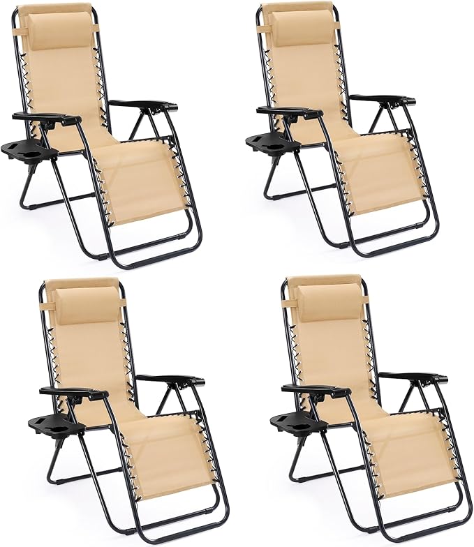 Sweetcrispy Zero Gravity Chairs, Set of 4 Portable Recliner Beach Camping Patio Outdoor Folding Lounge Chair with Cup Holder Trays and Adjustable Pillow for Poolside, Garden, Backyard, Lawn, Khaki