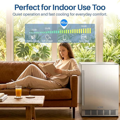24 Inch Outdoor Beverage Refrigerator Holds Up to 180 Cans for Soda, Beer, Built-In or Freestanding Outdoor Fridge with Stainless Steel Door for Outdoor Kitchen, Patio, Home Bar