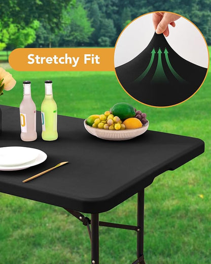 Fitted Tablecloth Rectangle Table Cloths with Elastic, 8 ft, Black, 8 Pack | For Outdoor Picnic Camping Party 8 foot Folding Spandex Table Covers, Water-Resistant, Windproof, Reusable, 96"L x 30"W