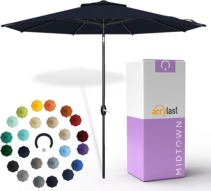 Midtown Umbrellas – The Lean 10 Ft Patio Umbrella with 10-Year-No-Fade Acrylast Acrylic Fabric, Auto-Tilt and 8 Reinforced Ribs for Deck, Pool, Garden, Hotel & Cafes – Harbor Navy Canopy, Black Pole