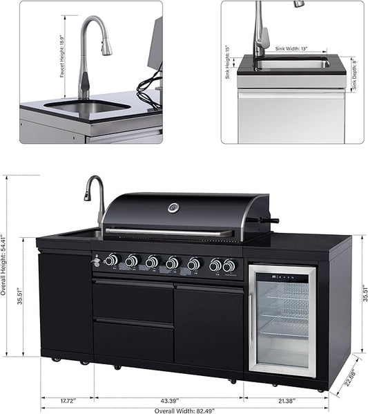83" All-in-One Outdoor Kitchen Island,6 Burner Modular Kitchen with Grill Station Cabinetry,304 Stainless Black Granite, Sink, Fridge, BBQ Set for Patios & Backyards (Black,83 IN-Fridge))