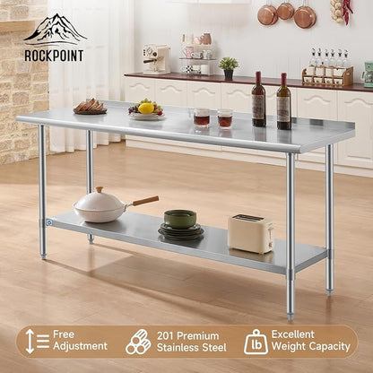 ROCKPOINT All Stainless Steel Perp Table with Backsplash 24x72 Inch, Commercial Heavy Duty Table with Stainless Legs & Adjustable Undershelf, 890 lb Capacity for Restaurant,Home and Outdoor Kitchens