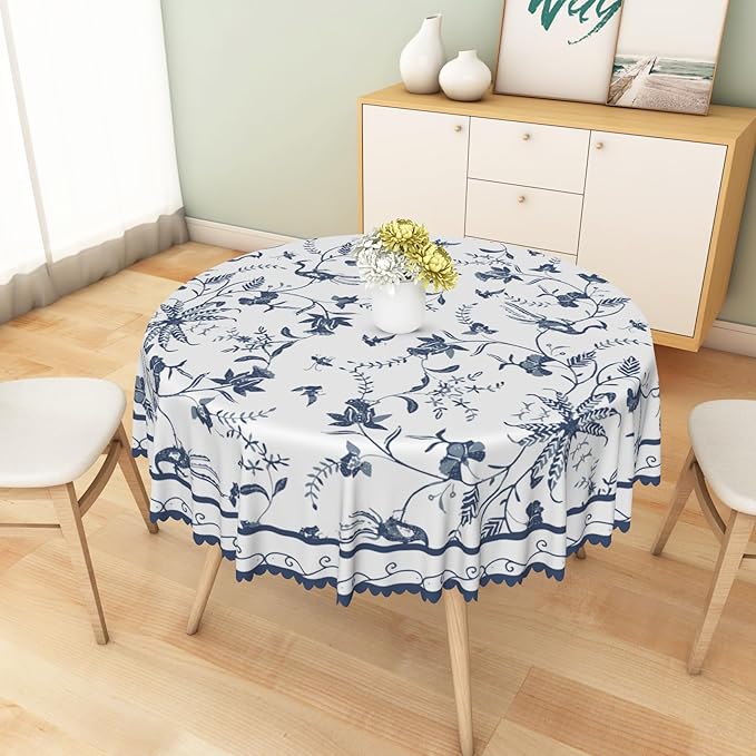 Blue Floral Round Tablecloth Blue and White French Country Circle Tablecloths Rustic Flowers Stain Proof Table Cover for Farmhouse Decor Indoor Outdoor Table Picnic Dinner Decor 60x60 Inch