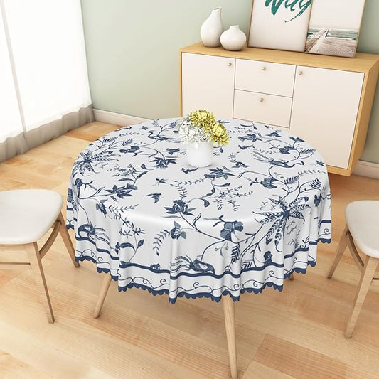 Blue Floral Round Tablecloth Blue and White French Country Circle Tablecloths Rustic Flowers Stain Proof Table Cover for Farmhouse Decor Indoor Outdoor Table Picnic Dinner Decor 70x70 Inch