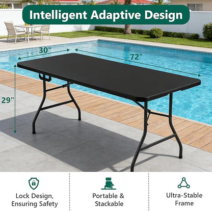 Folding Table 6FT Heavy Duty Plastic Table with Handle, Foldable&Portable, Fold-in-Half Utility Tables for Outdoor, Dining, Wedding, Events, Indoor, Picnic, Camping, Party, Black