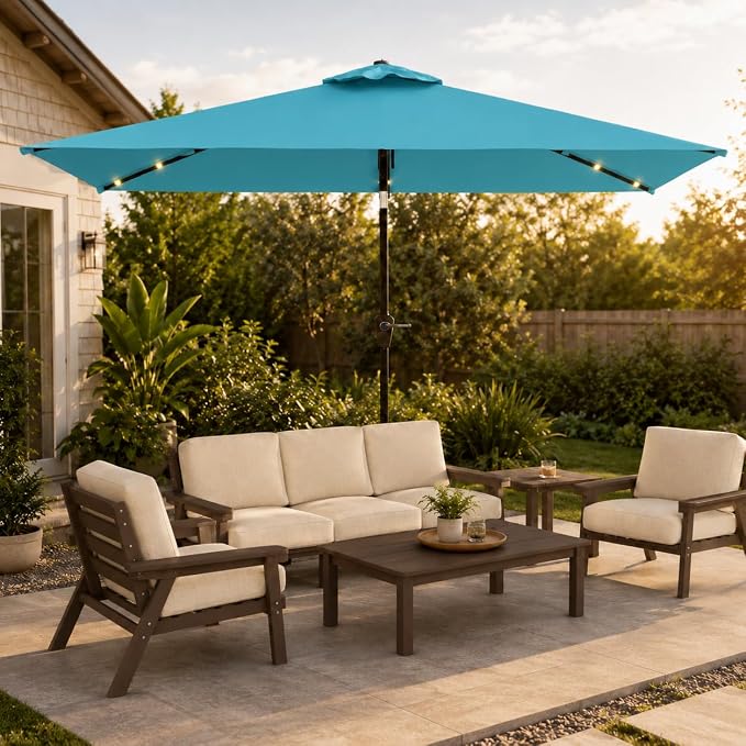 6.5 x 10ft Rectangular Patio Umbrella with Solar Lights, 16 LED Lighted Market Umbrella with Push-Button Tilt and Crank, 6 Sturdy Iron Ribs for Garden, Deck, Pool, Sky Blue
