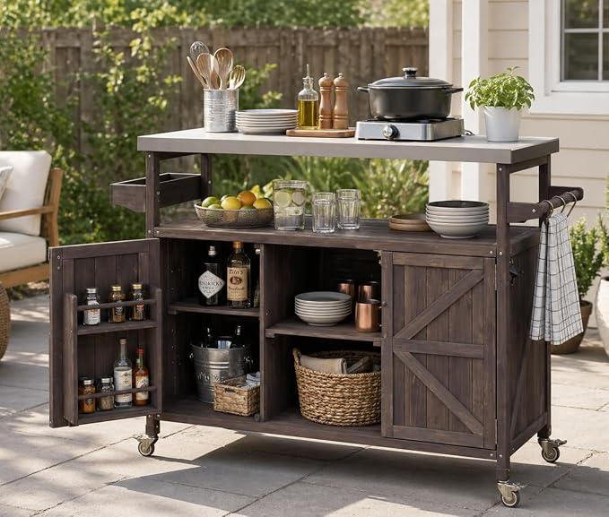 50" Outdoor Kitchen Island Grill Cart with 201 Stainless Steel Top, Solid Fir Wood, Modular Design, Internal Storage & Adjustable Shelves, 4 Lockable Wheels, 400LBS Capacity for Patio BBQ, Brown