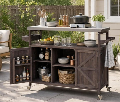 50" Outdoor Kitchen Island Grill Cart with 201 Stainless Steel Top, Solid Fir Wood, Modular Design, Internal Storage & Adjustable Shelves, 4 Lockable Wheels, 400LBS Capacity for Patio BBQ, Brown