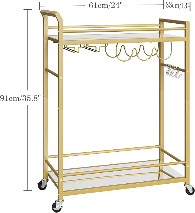 3 Tier Bar Cart, Small Beverage Cart, Mini Bar Cart with Wine Rack, Home Bar Serving Cart with Wheels for Dining Living Room (Gold, Mirrored) GBC106GU