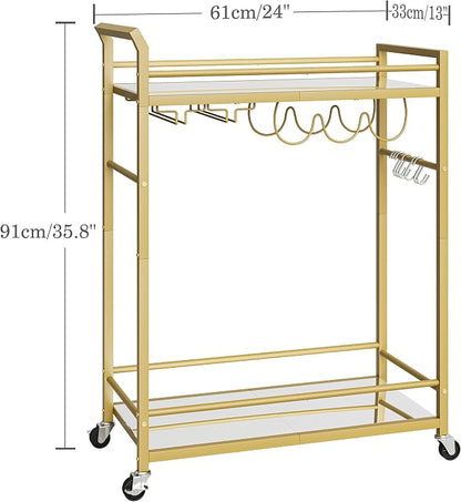 3 Tier Bar Cart, Small Beverage Cart, Mini Bar Cart with Wine Rack, Home Bar Serving Cart with Wheels for Dining Living Room (Gold, Mirrored) GBC106GU
