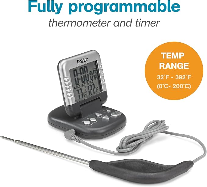 Polder Classic Digital Thermometer and Timer, Meat Thermometer for Cooking, Stainless Steel Probe, 24-Hour Countdown Timer with 40" Long, High-Heat Silicone Cord
