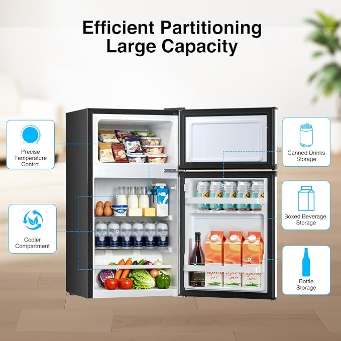 Kismile 2.5 Cu.Ft Mini Fridge with Freezer, Double Door Fridge, Silver | Reversible Door Compact Refrigerator with Mechanical Thermostat & Removable Shelves, Quiet for Bedroom Office