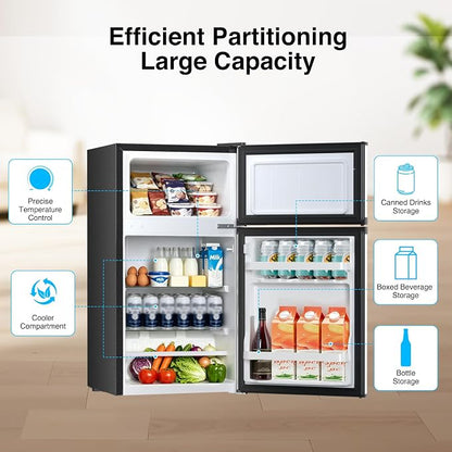 Kismile 2.5 Cu.Ft Mini Fridge with Freezer, Double Door Fridge, Silver | Reversible Door Compact Refrigerator with Mechanical Thermostat & Removable Shelves, Quiet for Bedroom Office