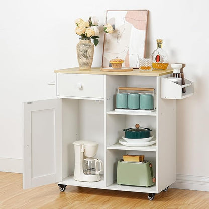 HOOBRO Kitchen Island, Storage Cabinet with Drawer, Kitchen Cart with Spice and Towel Rack, Saving Space, Easy Assembly, for Living Room, White and Natural WN12ZD01