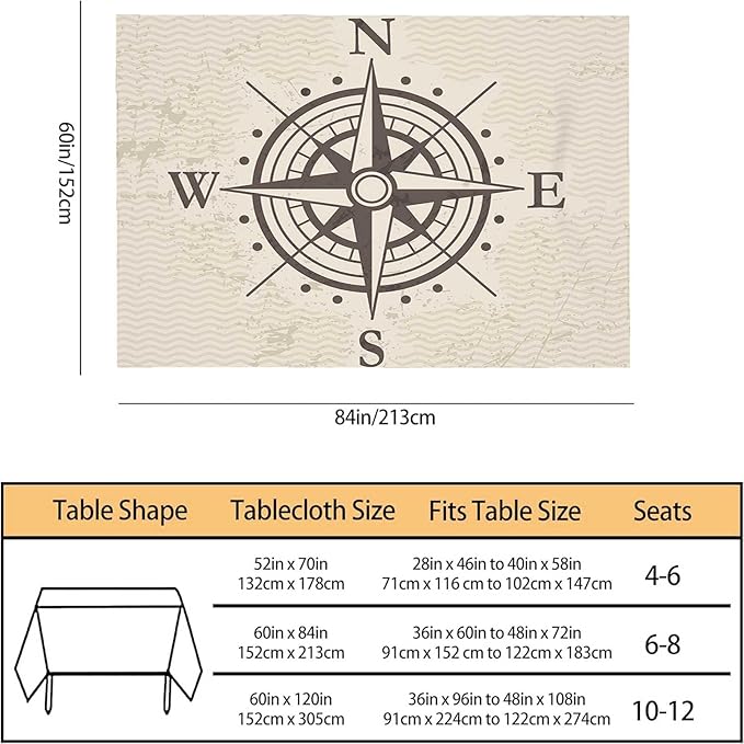 TKS MITLAN Tablecloth Compass Table Cloth Rectangle Table 60 x 84 Inch Vintage Wind Road Map E N W S Direction Adventure Travel Kitchen Decorations for Home Dinner Party
