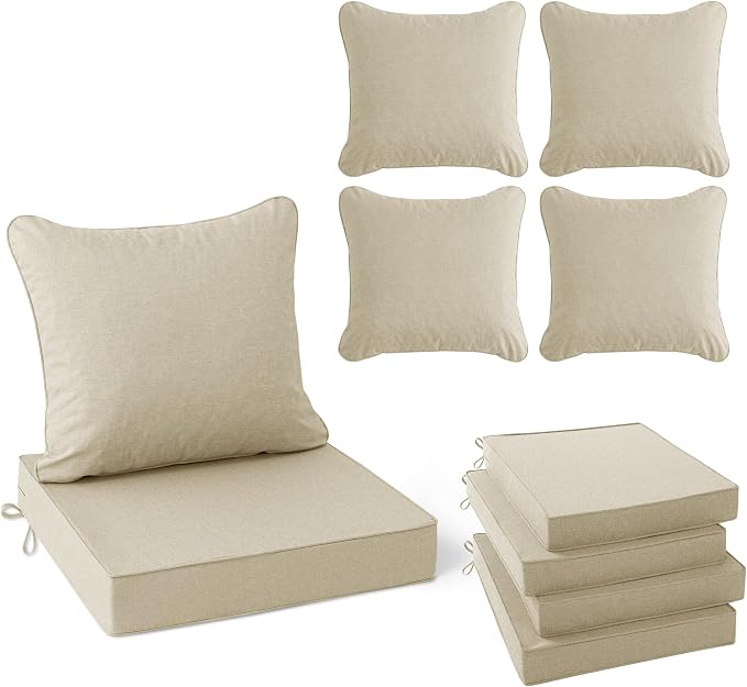 Summsun Patio Chair Cushions Set of 4, Faux Linen Outdoor Furniture Cushions, Water Resistant Backrest and Deep Seat Cushion Set with Straps, Removable Cover, Non-Slip Bottom, 22 x 22 Inch, Beige