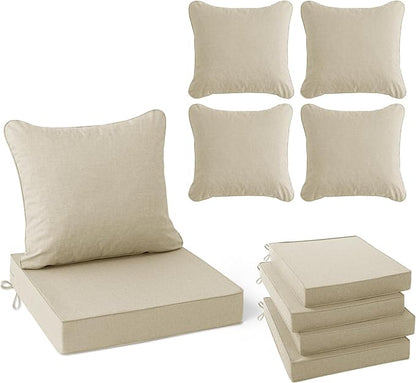 Summsun Patio Chair Cushions Set of 4, Faux Linen Outdoor Furniture Cushions, Water Resistant Backrest and Deep Seat Cushion Set with Straps, Removable Cover, Non-Slip Bottom, 22 x 22 Inch, Beige
