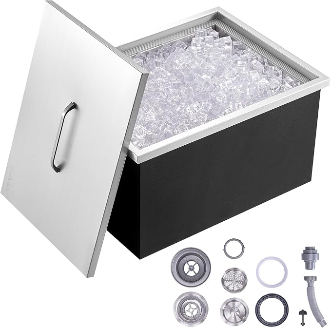 VEVOR Drop in Ice Chest, 20" L x 14" W x 12" H Stainless Steel Ice Cooler, Commercial Ice Bin with Cover, 40 qt Outdoor Kitchen Ice Bar, Drain-Pipe and Drain Plug Included, for Cold Wine Beer | Commercial Ice Bin with Cover, 40 qt Outdoor Kitchen Ice B...