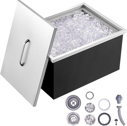 VEVOR Drop in Ice Chest, 20" L x 14" W x 12" H Stainless Steel Ice Cooler, Commercial Ice Bin with Cover, 40 qt Outdoor Kitchen Ice Bar, Drain-Pipe and Drain Plug Included, for Cold Wine Beer | Commercial Ice Bin with Cover, 40 qt Outdoor Kitchen Ice B...