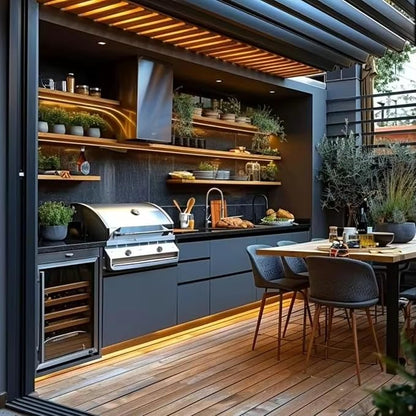 Modular Integrated Outdoor Kitchen Island, Stainless Steel BBQ Station with Grill, Sink & Storage Cabinets, Custom Layout Outdoor Cooking Unit for Private Backyard, Terrace & Patio Party