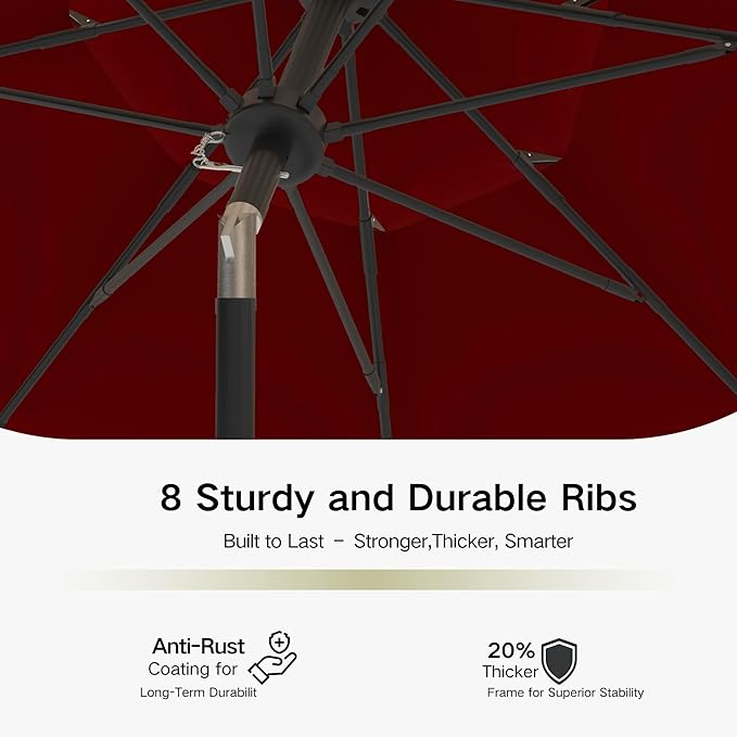 Kingdura 9ft 3-Tier Patio Umbrella, Outdoor Table Umbrella with Easy Crank & Tilt, 8 Reinforced Ribs, UV Protection for Deck, Pool, Market, Backyard (Dark red)