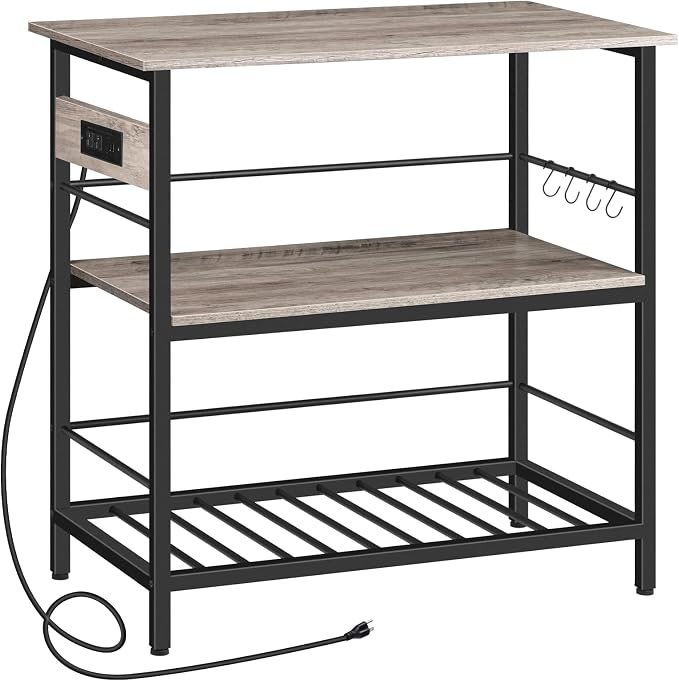 HOOBRO Kitchen Island with Storage, Kitchen Island Table with Power Outlet, 3 Tier Coffee Station and Microwave Stand, for Home, Dining Room, Greige and Black BG021ZD01