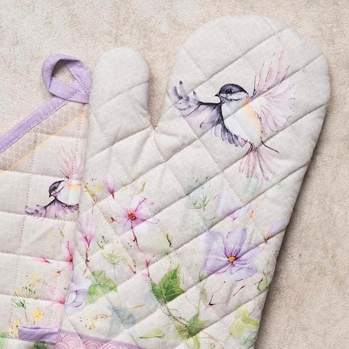 Maison d' Hermine 100% Cotton Oven Mitt & Pot Holder Set (7.5"x13" & 8"x8") Heat Resistant BBQ Cooking Gloves with Loop Baking Grilling Kitchen Hotel Home Farmhouse Spring Summer (Magnolia Mornings)