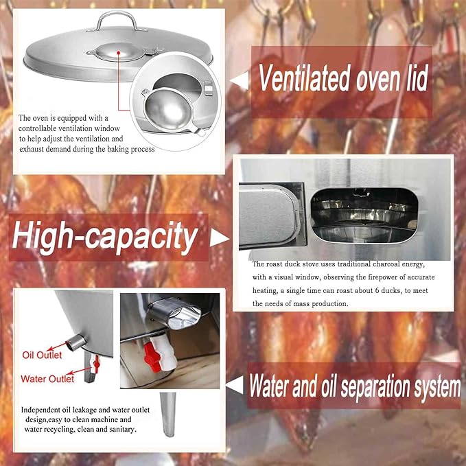 Commercial 410 Stainless Steel Charcoal Roast Duck Oven, 23.6x23.6x53 Inch BBQ Roaster with 15 Hooks & 20 Tail Pins, Multifunctional Grill for Chicken, Fish, Outdoor Picnic
