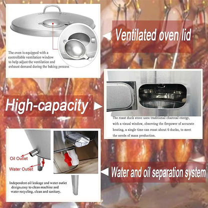 Commercial 410 Stainless Steel Charcoal Roast Duck Oven, 23.6x23.6x53 Inch BBQ Roaster with 15 Hooks & 20 Tail Pins, Multifunctional Grill for Chicken, Fish, Outdoor Picnic