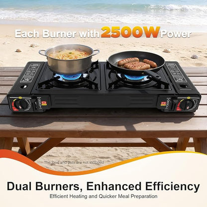 2-Burner Butane Stove, Portable Camping Stove with Grill Tray, Automatic Ignition, Outdoor Travel Camp Stove with Carry Case & Push-Button for Camping Tailgating and Outdoor Cooking