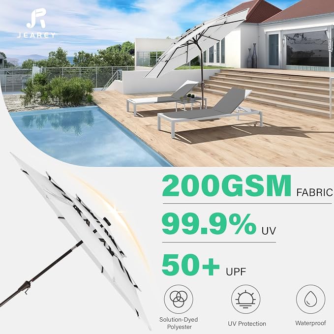 JEAREY 9 ft 3-Tier Outdoor LED Lighted Patio Umbrella w/Crank, Creamy-white | Solar Market Table Umbrella with 8 Sturdy Ribs, UV Protection Waterproof Sunproof for Garden, Deck and Backyard
