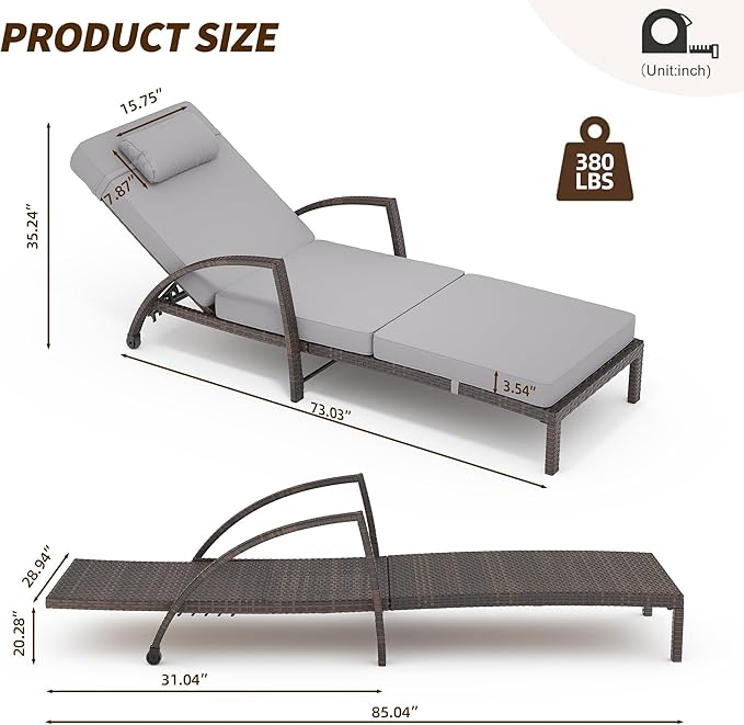 GAOMON Outdoor Lounge Chairs Set of 2, PE Rattan Wicker Chaise Lounge with Cushions and Wheels, Adjustable 5-Position, Patio Lounge Chairs for Outside Poolside Beach, Backyard Relaxation