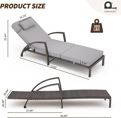 GAOMON Outdoor Lounge Chairs Set of 2, PE Rattan Wicker Chaise Lounge with Cushions and Wheels, Adjustable 5-Position, Patio Lounge Chairs for Outside Poolside Beach, Backyard Relaxation