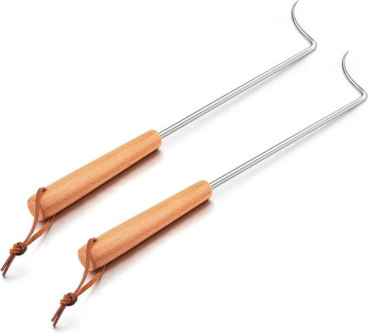 Stainless Steel Pigtail Food Flipper, HaSteeL 17Inch Meat Turner Hook for Right Handed, Grill Accessories Steak Flippers With Wooden Handle for Outdoors Griddle BBQ Grilling Kitchen Cooking, Large
