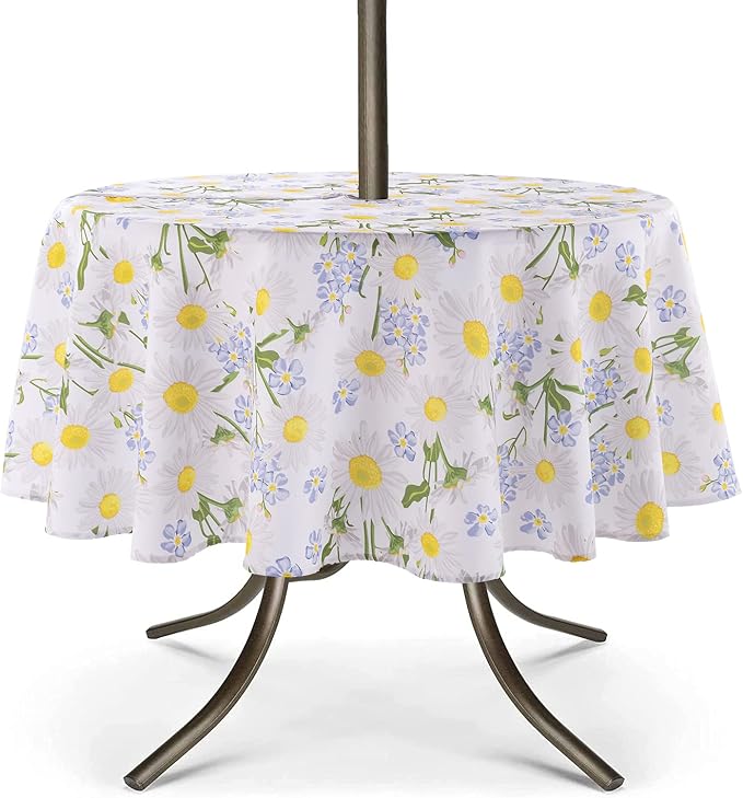 UMINEUX 60" Outdoor Round Tablecloth with Umbrella Hole and Zipper | Spring/Summer Waterproof Round Patio Table Cover for Picnic/BBQ/Garden, White Daisy