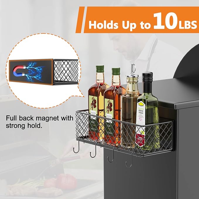 Ormeli 1 Pack Magnetic Storage Bin for Traeger Smoker Grill Caddy with Paper Towel Holder, Grill Basket for Some Models of Traeger/Pit Boss/Z Grill Smoker Accessories, Griddle Caddy for Outdoor