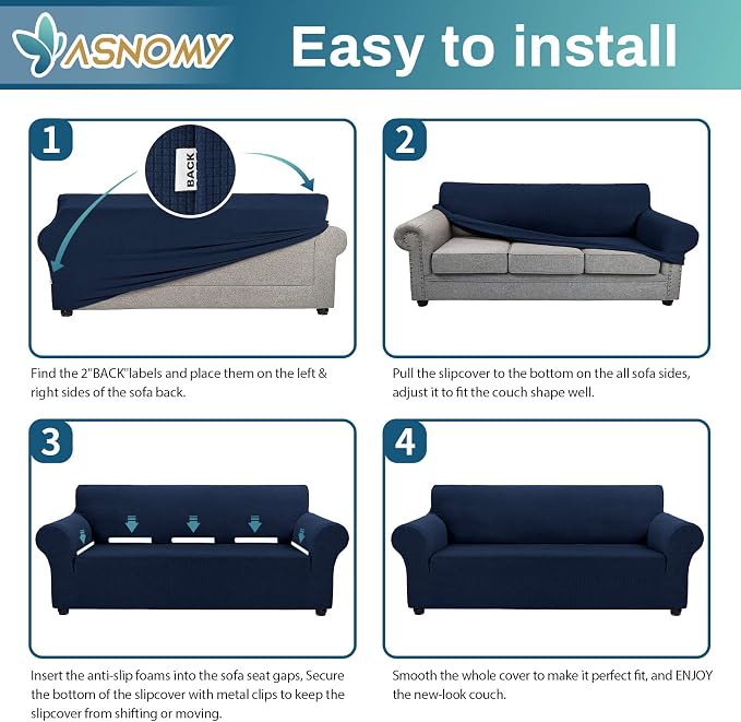 Asnomy Stretch Couch Covers for Sofa Washable, 3 Cushion Couch,Navy Blue | 1-Piece Sofa Covers(78"-94") 3-Seater Furniture Protector Soft Jacquard,Non-Slip Elastic Bottom For Dogs & Kids