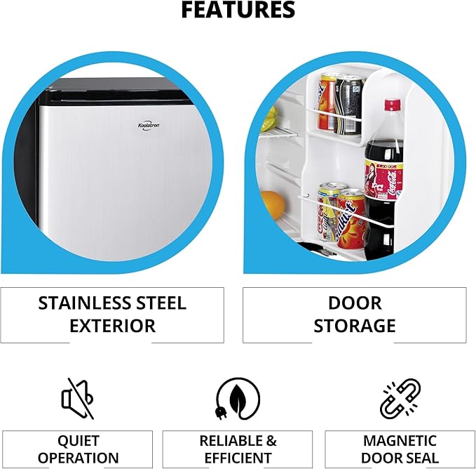 Koolatron Stainless Steel Compact Fridge with Freezer, 1.7 Cubic Feet (48 L) Capacity, Silver and Black, for Snacks, Frozen Meals, Beverages, Juice, Beer, Den, Dorm, Office, Games Room, or RV