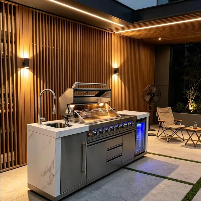 Modular Outdoor Kitchen Island with Built-in Gas Grill & Rotisserie, Stainless Steel BBQ Station with Refrigerator, Sink – Expandable Outdoor Kitchen Pod for Backyard, Deck, Patio, Garden