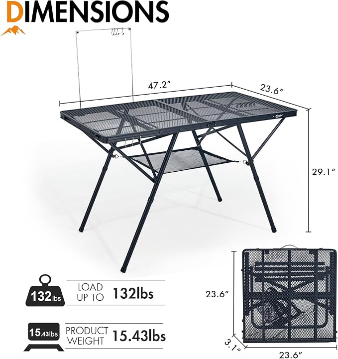 Portal 4 ft Folding Camping Grill Table Heavy Duty Portable Outdoor for BBQ | Iron Mesh Folding Grill Table with 2 Adjustable Heights(15" & 29"), Heat-Resistant Tabletop for BBQ & Outdoor Cooking Gray