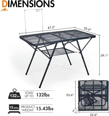 Portal 4 ft Folding Camping Grill Table Heavy Duty Portable Outdoor for BBQ | Iron Mesh Folding Grill Table with 2 Adjustable Heights(15" & 29"), Heat-Resistant Tabletop for BBQ & Outdoor Cooking Gray