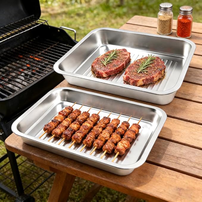 Grilling Prep and Serve Tays, 4pcs Stainless Steel Large Capacity Food Prep Tray Grill Carry System, BBQ Grill Tray Set Marinade Container with Lid and Cutting Board for Outdoor(Color:Silver)